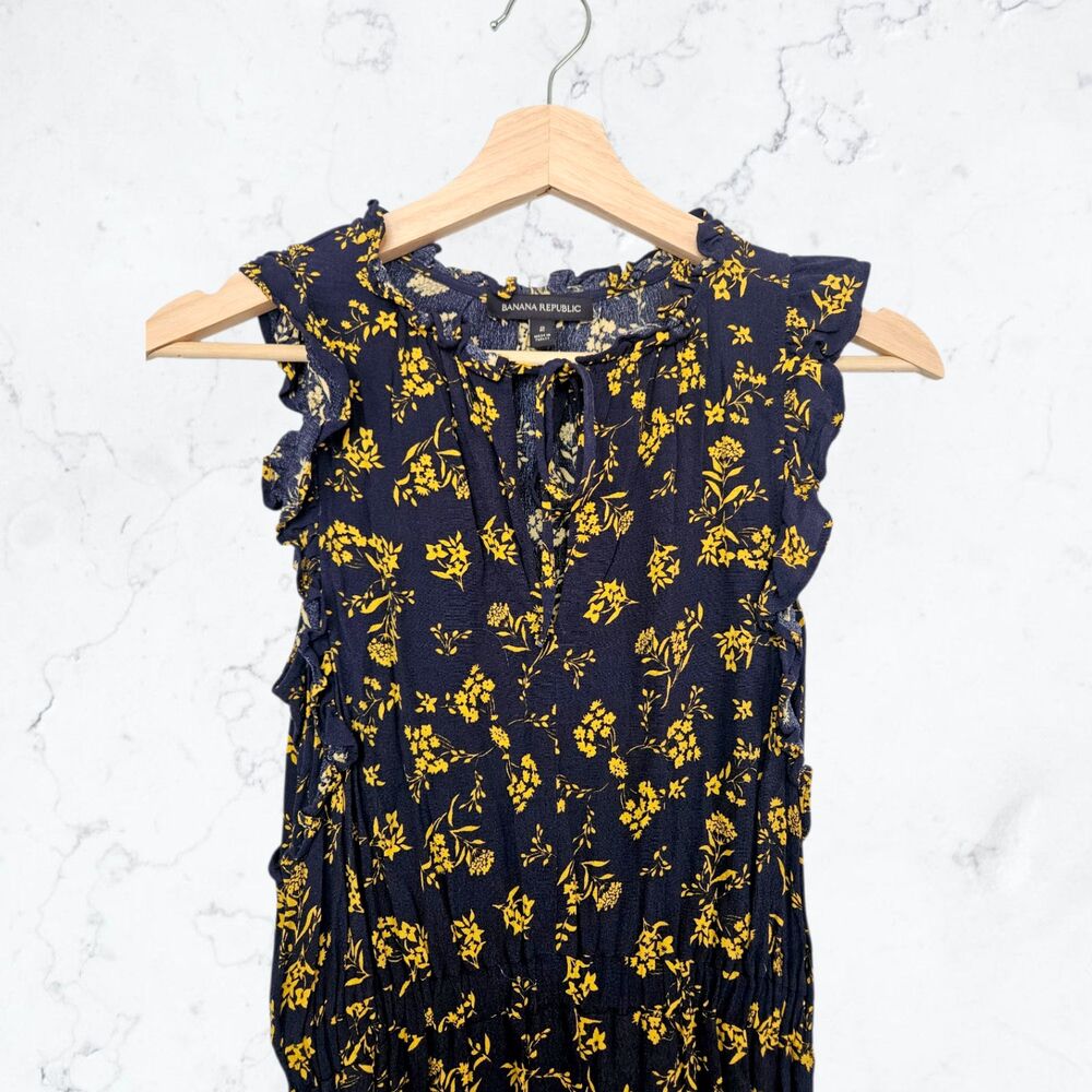 Banana Republic Navy Blue & Yellow Floral Ruffle Cottagecore Maxi Dress - Picture 3 of 5